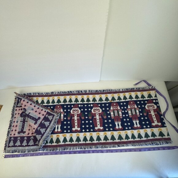 Vtg Woven Christmas Holiday Table Runner Fringe Nutcracker Santa Soldier Rustic - Picture 1 of 10